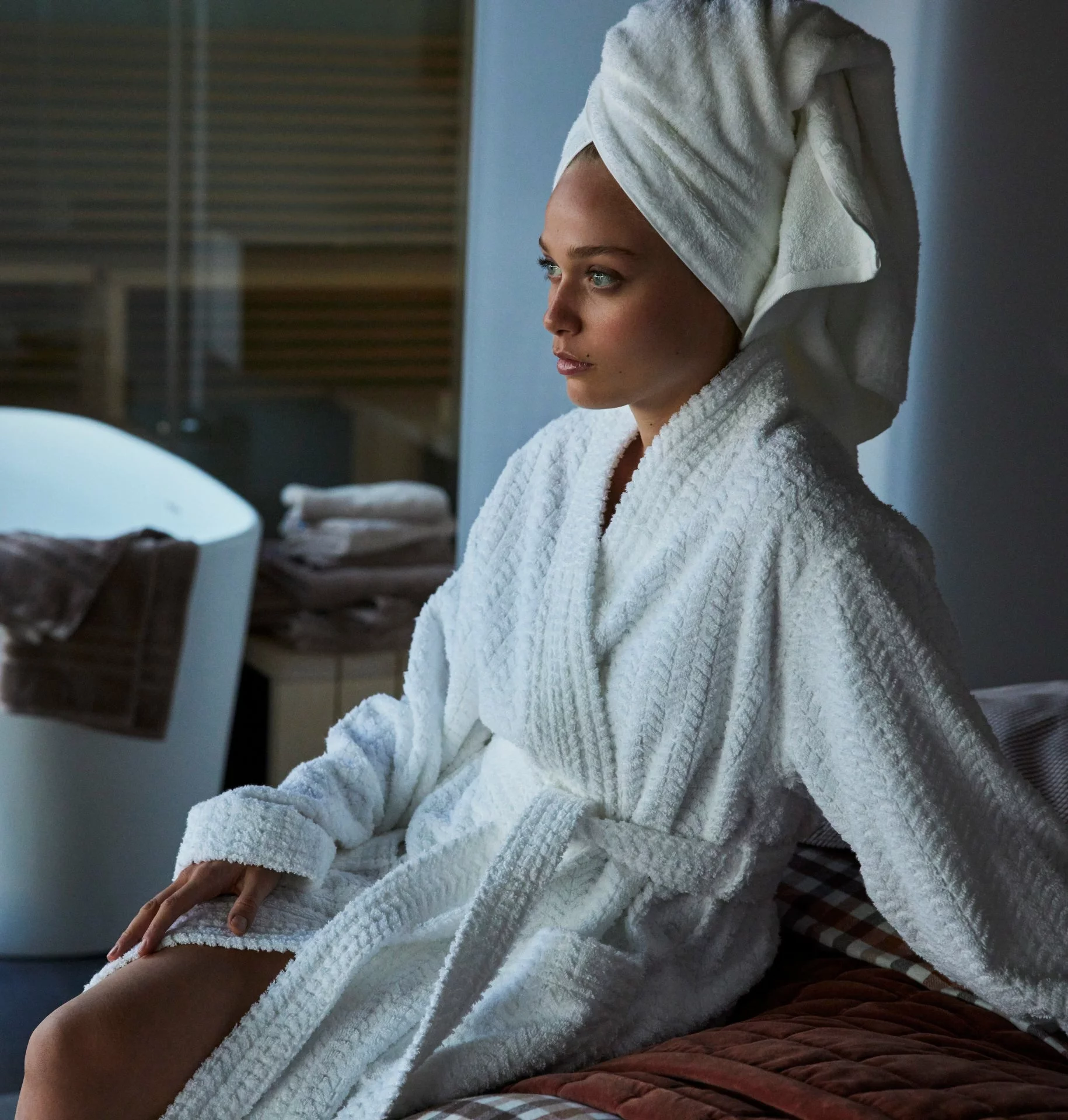 Lexington Unisex Cotton/Lyocell Structured Bademantel Weiß, M 2 Lexington Unisex Cotton/Lyocell Structured Bademantel Weiß, M – Bild 2